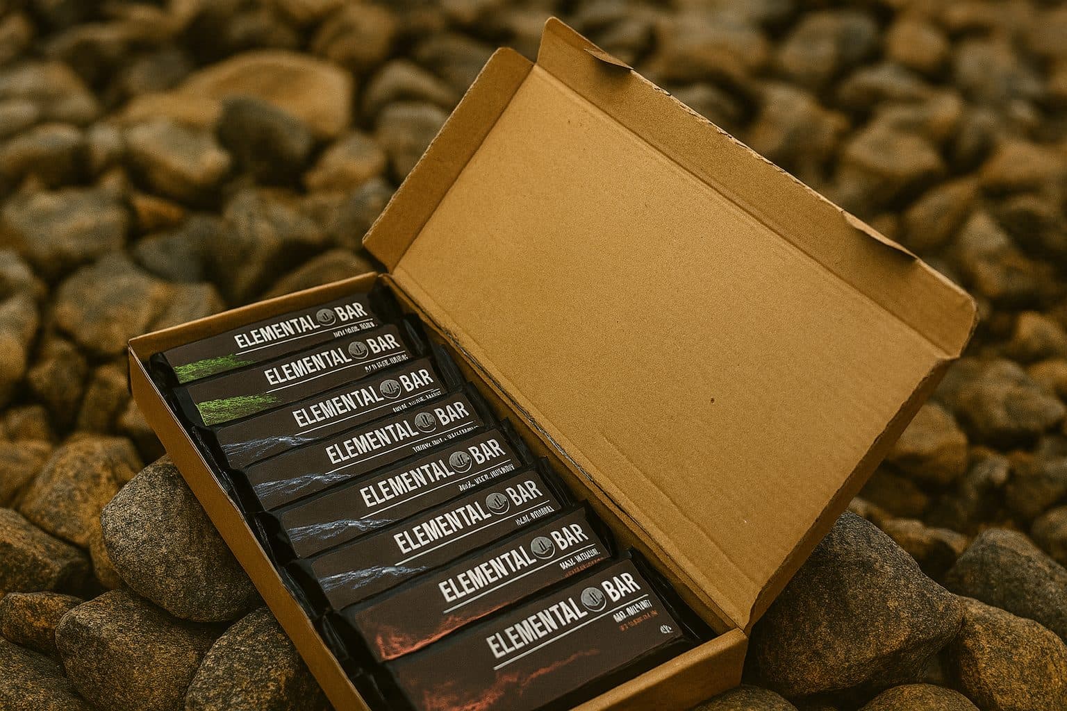 An open box of Elemental Bars — Earth, Fire and Water — resting on stone